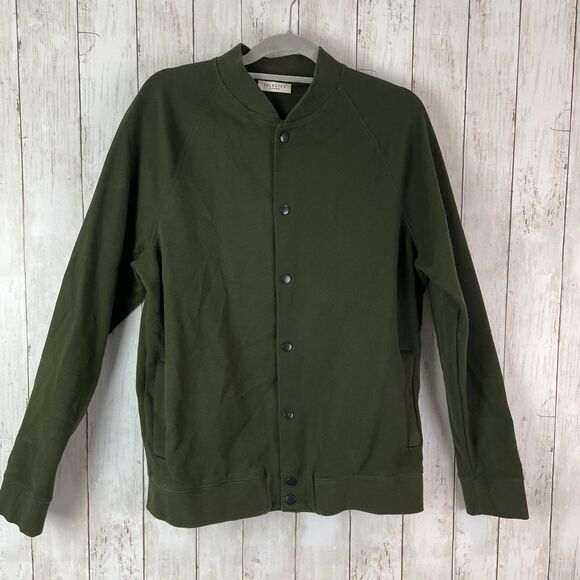Selected Homme Bomber Jacket XL Olive Green Cotton Blend Ribbed Snap Front - Picture 1 of 9